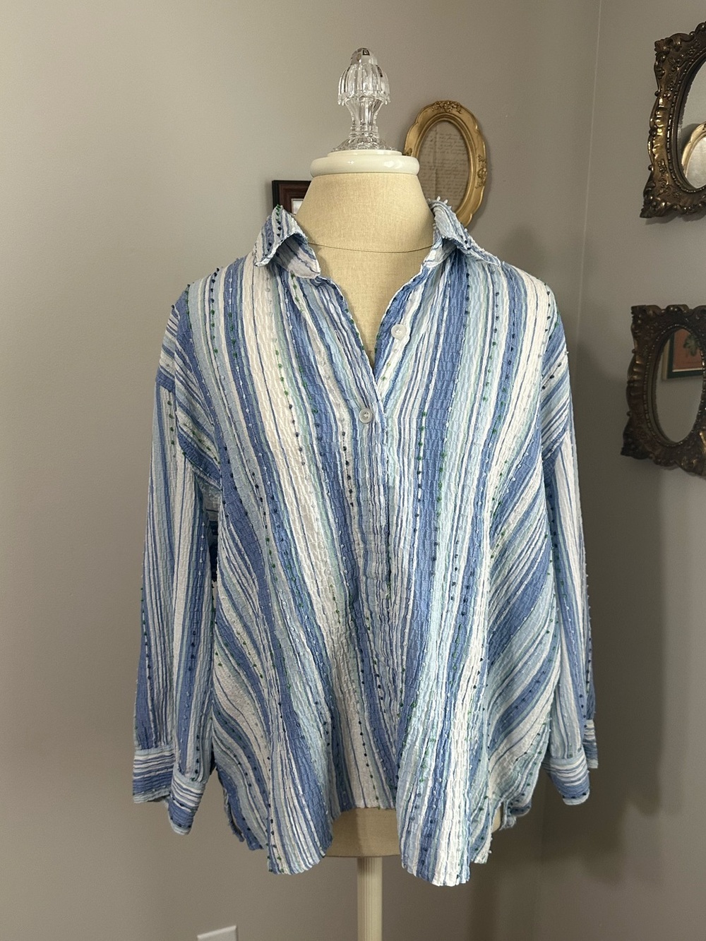 Breckenridge Blue and White Gauze Striped Button-Up Shirt